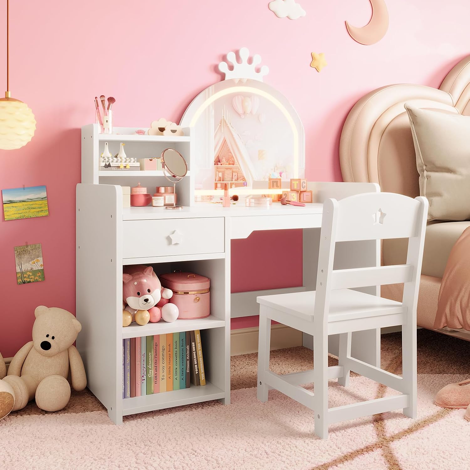 Desk Setup Girl - Kids Vanity Set with Lighted Mirror,