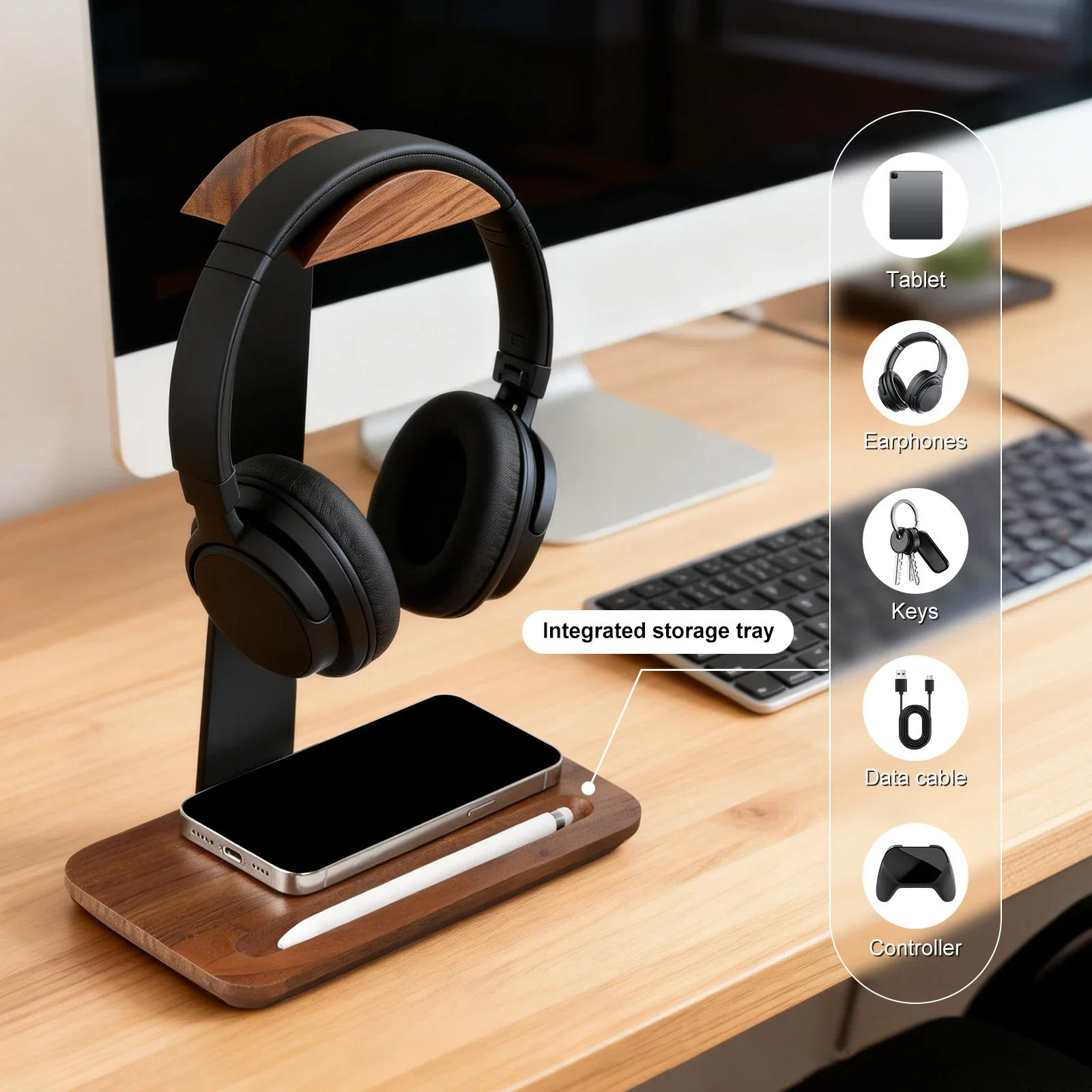 Universal Wood Headphone Stand - Desk Setup Desk recension och pris